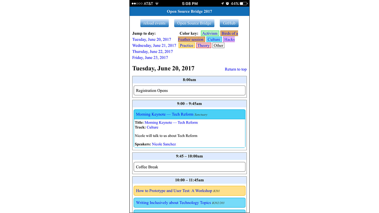 Open Source Bridge calendar on mobile (restyled)