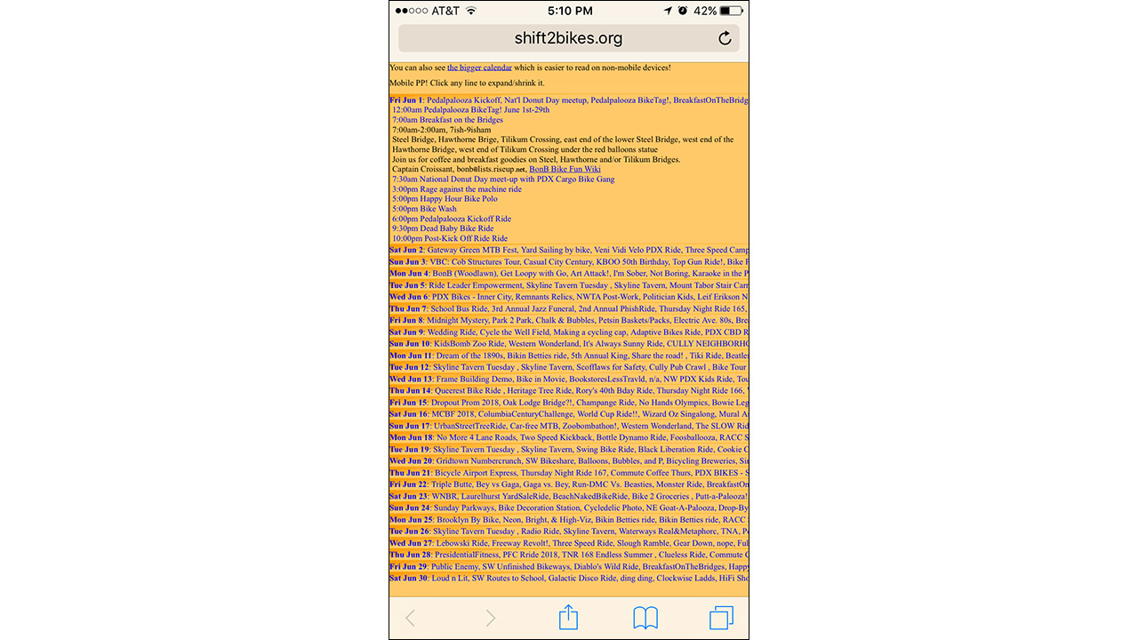 Pedalpalooza calendar on mobile (original)